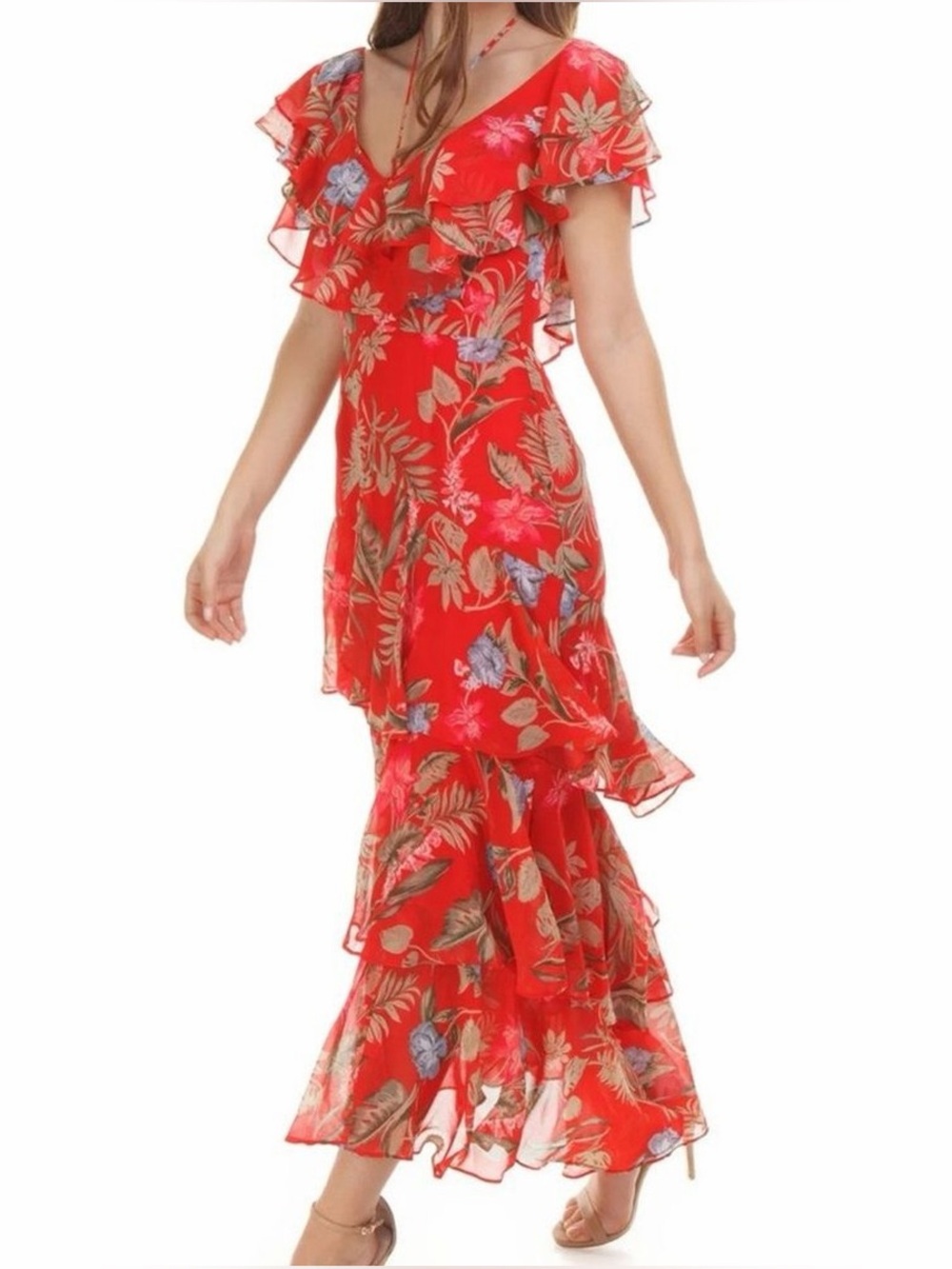 Wayf Chelsea Red Floral Ruffle Tiered Midi Dress